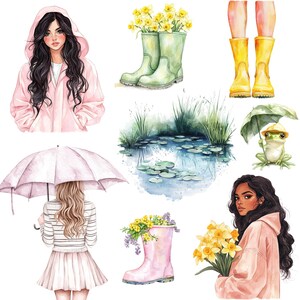 May include: A digital illustration of a watercolor painting featuring a variety of rainy day themed elements. The illustration includes a woman wearing a pink raincoat, a woman holding a pink umbrella, a frog under a green umbrella, a pond with lily pads, and several pairs of rain boots with flowers.