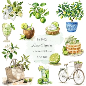 Puede incluir: Un conjunto de 34 imágenes de clipart de lima en acuarela para uso comercial. El conjunto incluye limas, rodajas de lima, árboles de lima, bebidas de lima, postres de lima y otras ilustraciones con temática de lima. Las ilustraciones están en estilo acuarela y son perfectas para agregar un toque de verano a tus diseños.