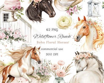 May include: Watercolor illustrations featuring horses, a cake, a cowboy hat, and floral arrangements. The text reads "Wildflower Ranch Boho Floral Horses" and "commercial use 300 DPI". The images are in soft pastel colors.