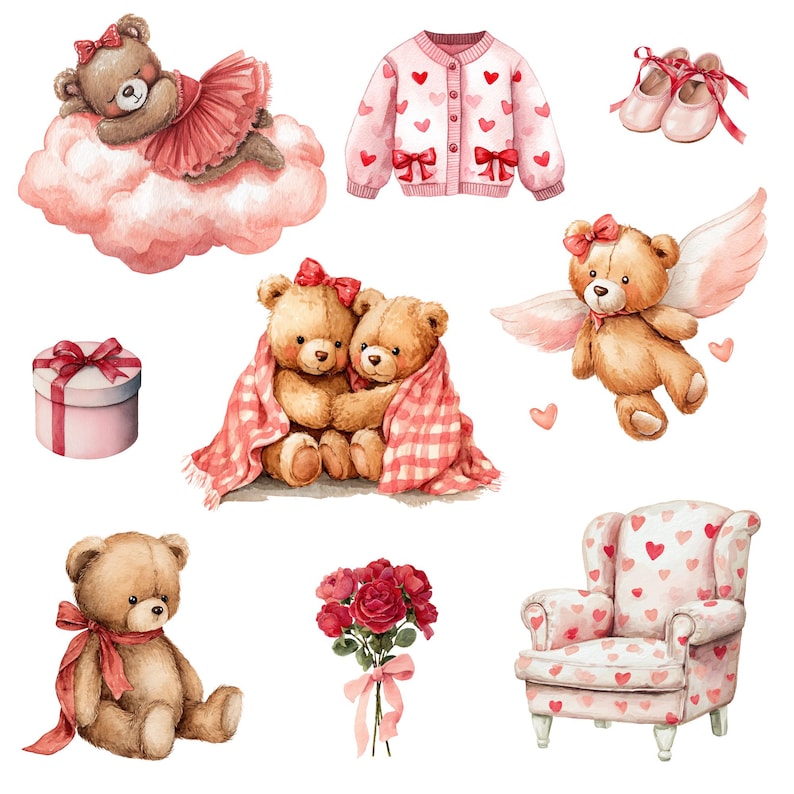 Watercolor Valentine Teddy Bear Clipart Png Bundle, Valentines Day Png ...
