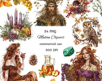 Mabon watercolor clipart png bundle, witch clipart, celtic neopagan wiccan clipart, witchcraft, autumn equinox, commercial use, scrapbooking