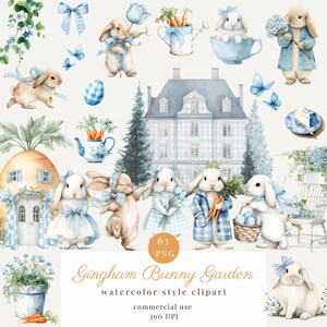 May include: Watercolor clipart set featuring bunnies, carrots, and a blue and white house. The bunnies are dressed in blue and white outfits and holding flowers and carrots. The text "Gingham Bunny Garden" is also included.