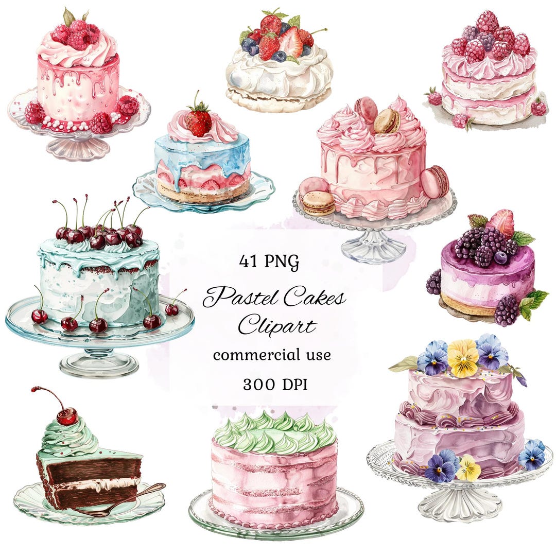 Watercolor Pastel Cakes Clipart Png Bundle, Birthday Cake Clipart ...