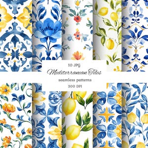 Aquarelle carreaux méditerranéens sans couture, carreaux bleus et blancs, papier méditerranéen, carreaux italiens, été sans couture, motifs citron