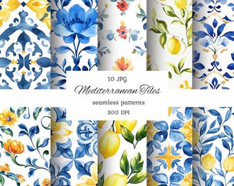 Watercolor mediterranean tiles seamless pattern, blue and white tile, mediterranean paper, italian tile, summer seamless, lemon patterns