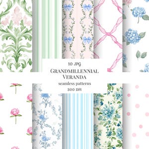 May include: A collection of ten seamless digital patterns in a variety of floral and geometric designs. The patterns feature watercolor illustrations of flowers, bows, stripes, and other decorative elements in shades of pink, blue, and green. The text "GRANDMILLENNIAL VERANDA" is displayed.