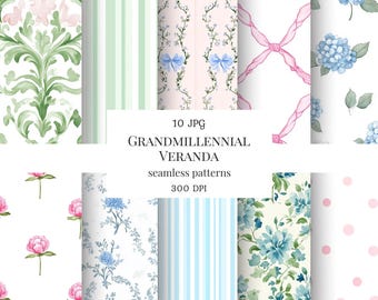 Patrón sin costuras Grandmillennial de acuarela, patrón JPG de hortensias, papel digital floral pastel, rayas, peonías, patrón repetido