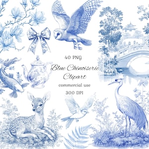 Blue chinoiserie clipart png bundle, chinoiserie floral clipart, chinoiserie bow, chinoiserie peacock, toile de jouy, scrapbooking