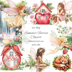 Bundle png de clipart fée d'été aquarelle, clipart fée rose, clipart fée magique, jardin féerique d'été, clipart fée lunatique