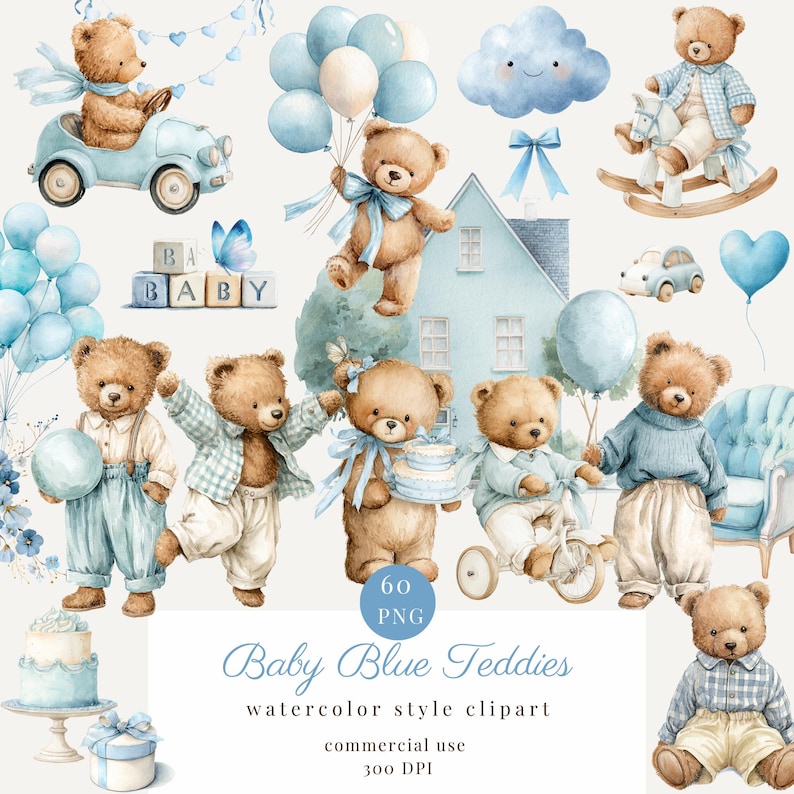 Watercolor Blue Teddy Bear Clipart Png Bundle, Baby Teddy Bear Blue ...