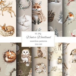 Puede incluir: Un conjunto de 10 patrones digitales sin costuras que presentan animales del bosque invernal, incluidos zorros, búhos, ciervos, conejos y pájaros. Los patrones son de estilo acuarela y presentan una variedad de colores, que incluyen marrón, blanco, verde y rojo. Los patrones son perfectos para usar en scrapbooking, creación de tarjetas y otros proyectos de manualidades.