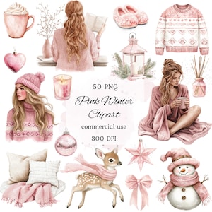 Bundle de png de clipart hiver rose, Noël rose png, clipart hiver aquarelle, clipart pays des merveilles hiver rose, clipart vacances, scrapbooking