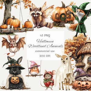 Watercolor halloween woodland animals clipart png bundle, cute fall nursery, spooky forest creatures, bear, deer, fox, owl, scrapbooking
