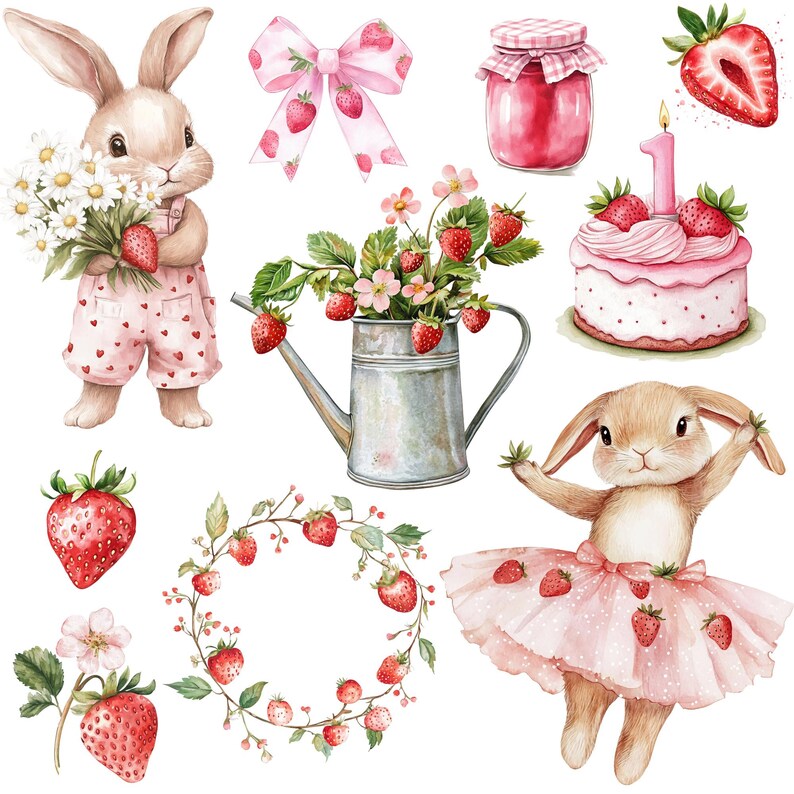 K&ouml;nnte beinhalten: Aquarellillustrationen von Erdbeeren und Hasen. Ein Hase h&auml;lt G&auml;nsebl&uuml;mchen und Erdbeeren und tr&auml;gt eine rosa Latzhose. Weitere Bilder sind eine Erdbeer-Schleife, ein Marmeladenglas, ein Kuchen, eine Gie&szlig;kanne mit Erdbeeren und ein Erdbeerkranz.