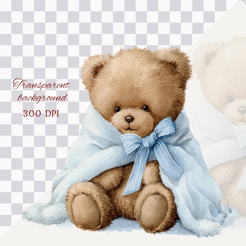 Watercolor Blue Teddy Bear Clipart Png Bundle, Baby Teddy Bear Blue ...