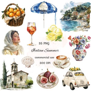 Italië aquarel clipart png bundel, vakantie clipart, zomer clipart, Middellandse Zee, reizen clipart, commercieel gebruik, scrapbooking