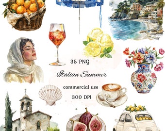 Könnte beinhalten: Aquarell-Illustrationen zu italienischen Sommerthemen, darunter eine Kirche, ein Auto, eine Frau, ein Glas Aperol Spritz, eine Muschel, ein Teller Feigen, eine Tasse Kaffee, eine Vase mit Blumen, Zitronen, Orangen und ein Sonnenschirm.