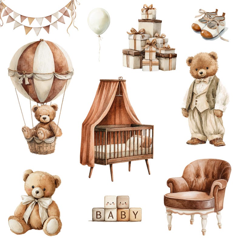 Watercolor Teddy Bear Clipart Png Bundle, Neutral Baby Shower, Bear Hot ...