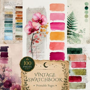 May include: A digital collection of vintage-style swatchbook pages featuring watercolor illustrations of pink orchids, green ferns, and floral elements. The pages include handwritten script, color palettes, and a badge stating 100 PAGES VINTAGE SWATCHBOOK.