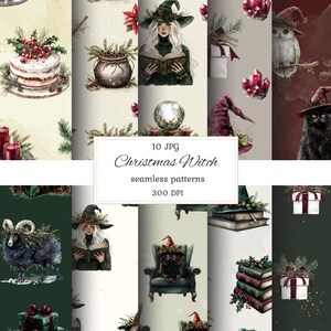 Könnte beinhalten: Ein Set mit 10 digitalen nahtlosen Mustern mit einem Weihnachtshexen-Thema. Die Muster beinhalten Illustrationen einer Hexe, einer Katze, eines Kessels, einer Kristallkugel, eines Buches, einer Geschenkbox, eines Weihnachtsbaums und eines Kranzes. Die Muster sind im Aquarellstil gehalten und perfekt für die Erstellung festlicher Bastelarbeiten und Projekte.