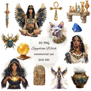 Egyptian witch watercolor clipart png bundle, witchcraft, occult png, commercial use, scrapbooking