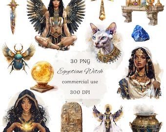 Egyptian witch watercolor clipart png bundle, witchcraft, occult png, commercial use, scrapbooking