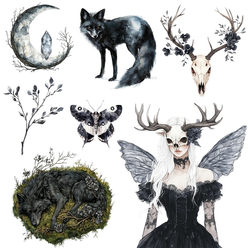 Watercolor Dark Fairy Clipart Png Bundle, Black Fairy Tale, Gothic ...