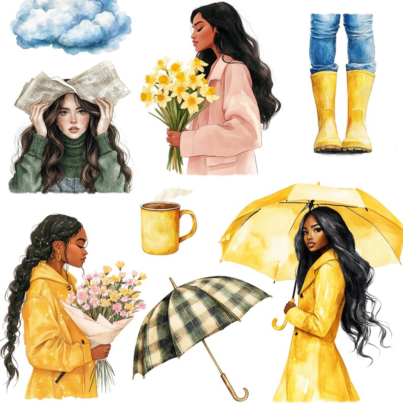 May include: A digital illustration set featuring four women with different hairstyles and outfits. The women are depicted in various poses, including holding flowers, umbrellas, and a cup of coffee. The illustrations are done in a watercolor style with a soft, whimsical feel.