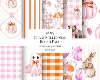 Watercolor grandmillennial seamless pattern, grandmillennial fall, cozy autumn, pink pumpkin, fall floral, autumn plaid, fall digital paper