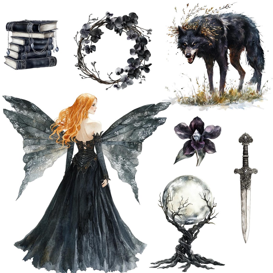 Watercolor Dark Fairy Clipart Png Bundle, Black Fairy Tale, Gothic ...