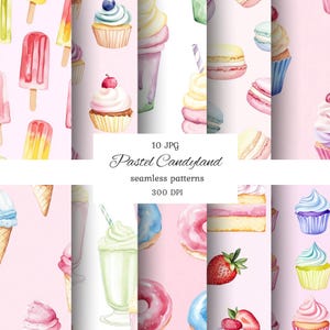 Könnte beinhalten: Eine Sammlung nahtloser Aquarellmuster mit verschiedenen Süßigkeiten auf rosa Hintergrund. Die Muster umfassen Eis am Stiel, Cupcakes, Eistüten, Milchshakes, Donuts, Makronen und Erdbeeren. Der Text "Pastel Candyland" und "seamless patterns" ist ebenfalls sichtbar.