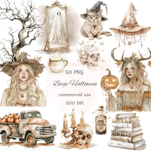 Watercolor beige halloween clipart png bundle, cute neutral halloween,  spooky boho witch, ghost, spider, cat, commercial use, scrapbooking