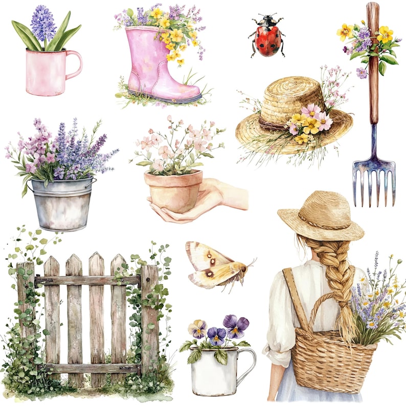 May include: Watercolor illustration featuring a variety of garden elements, including a picket fence, a flower pot, a watering can, a straw hat, a butterfly, a ladybug, and a garden rake. The illustration is painted in a whimsical style with soft colors.