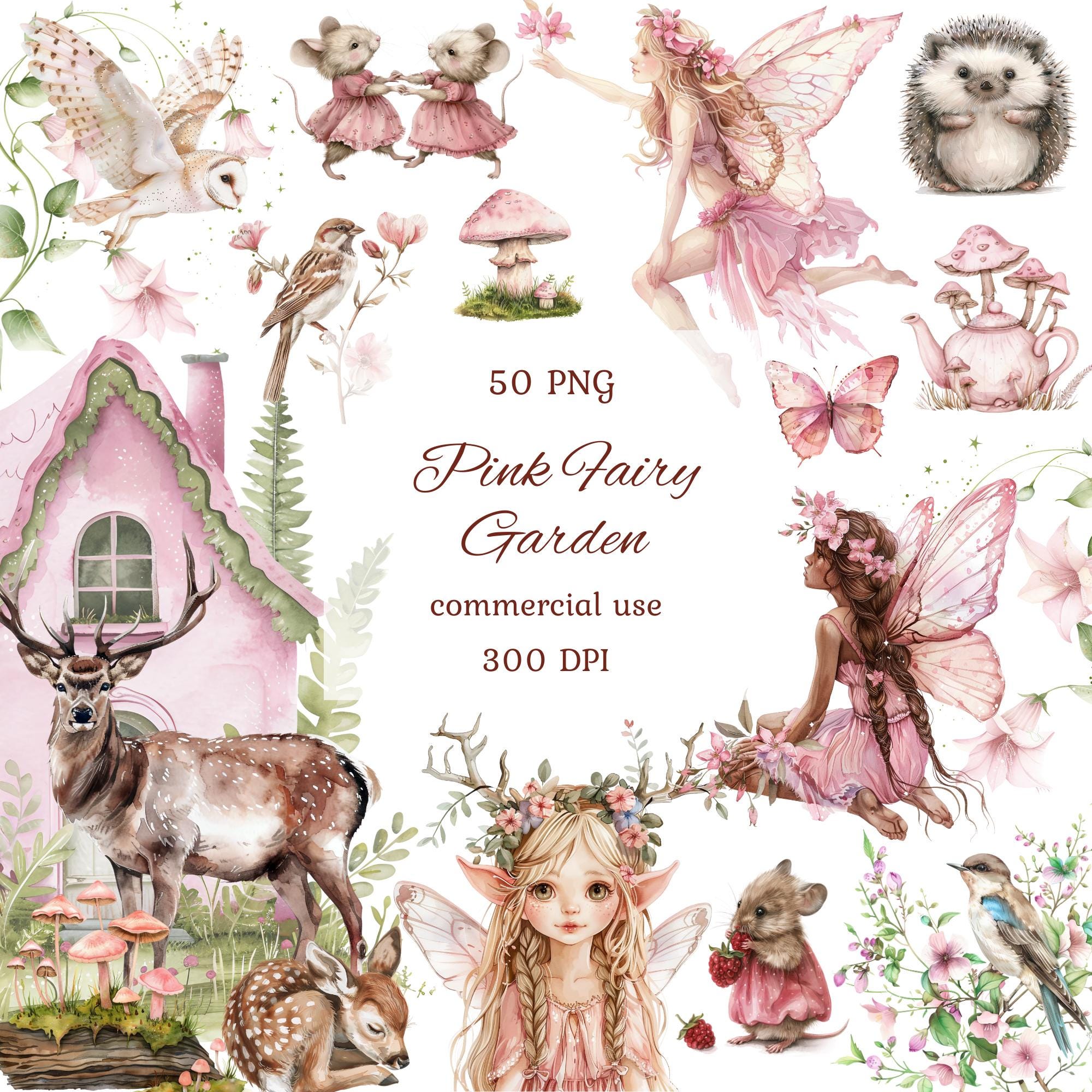 Watercolor Pink Fairy Garden Clipart Png Bundle, Forest Fairy House ...