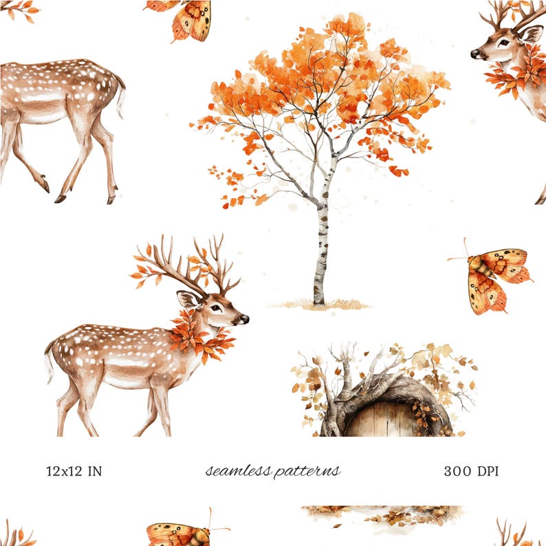 Watercolor Autumn Woodland Animals Seamless Pattern, Mushroom, Deer ...