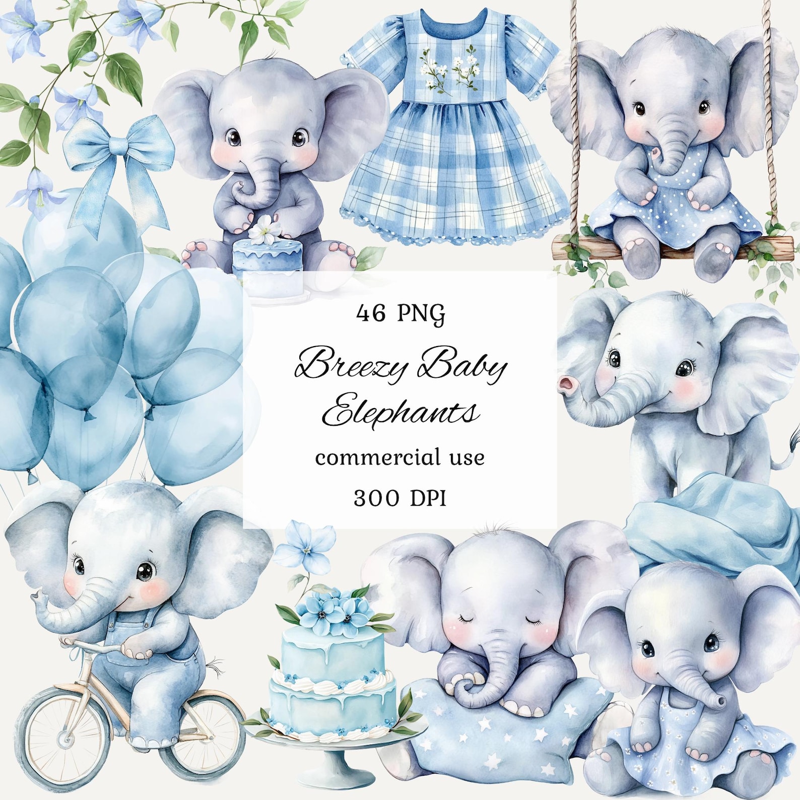 Watercolor Blue Baby Elephants Clipart Png Bundle, Blue Elephant Baby ...