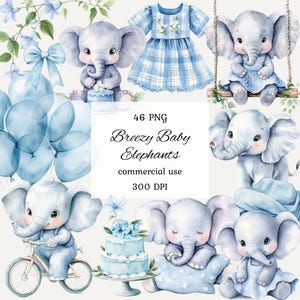 Bundle di clipart png con elefantini blu ad acquerello, clipart di baby shower con elefante blu, clipart di palloncini con elefante, elefante carino