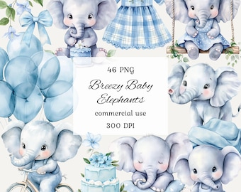 Watercolor blue baby elephants clipart png bundle, blue elephant baby shower clipart, elephant balloon clipart, cute elephant