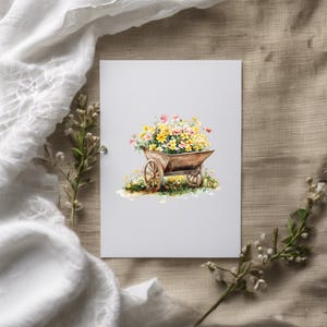 May include: A watercolor painting of a wheelbarrow filled with a variety of colorful flowers. The wheelbarrow is brown and has a wooden wheel. The flowers are yellow, pink, and white.