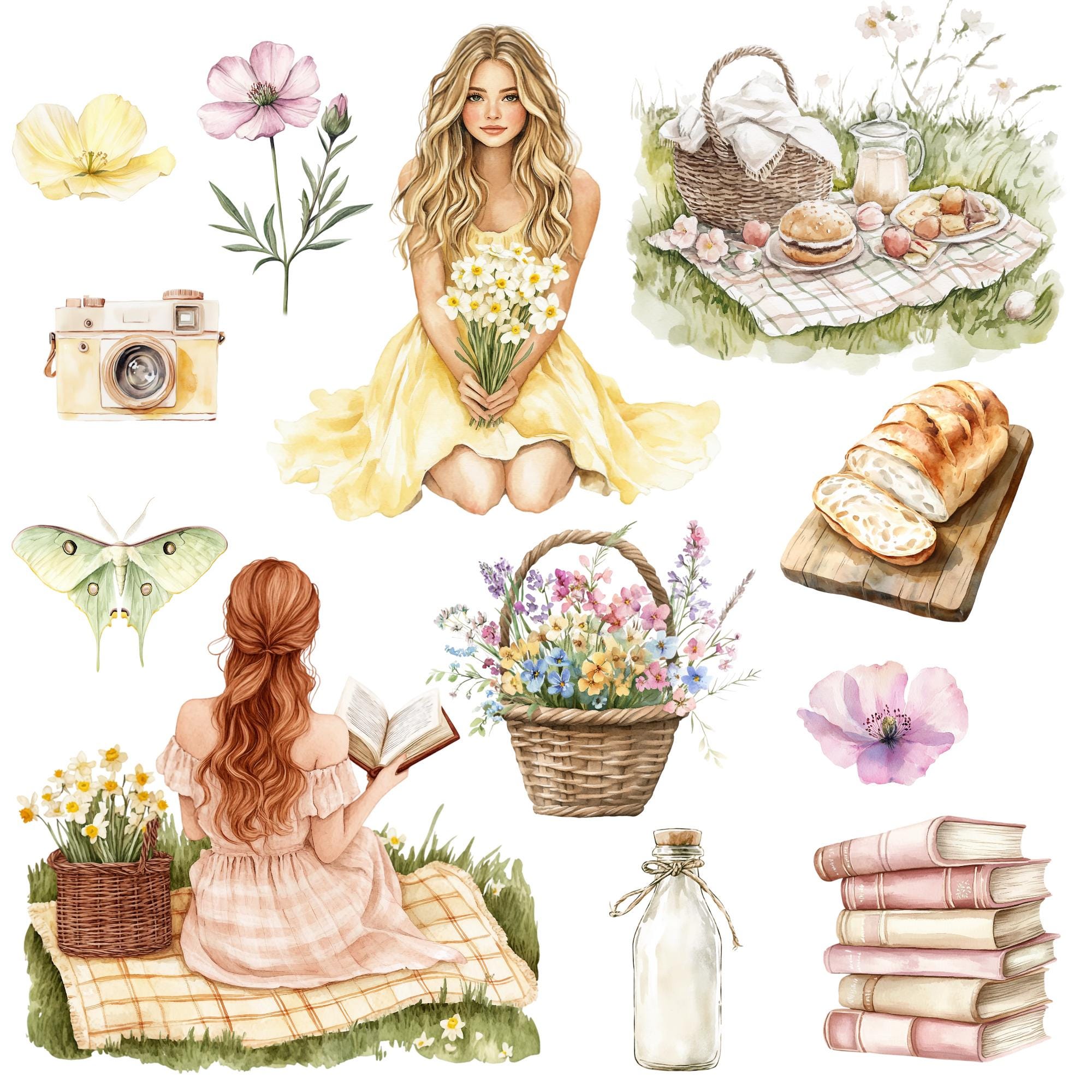 Spring Picnic Graphics Watercolor Spring Picnic Clipart Png Bundle, Picnic Basket Clipart ...