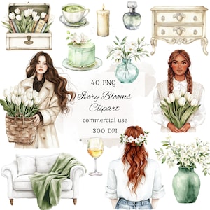 Bundle png aquarelle printemps ivoire clipart, clipart fille printemps, bouquets ivoire, printemps rustique, cottagecore, clipart floral printanier