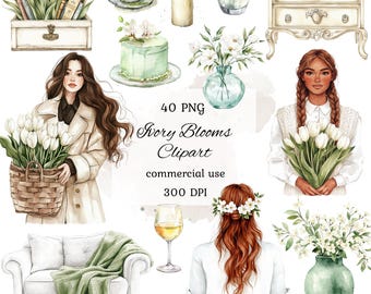 Watercolor ivory spring clipart png bundle, spring girl clipart, ivory bouquets, rustic spring, cottagecore, floral spring clipart
