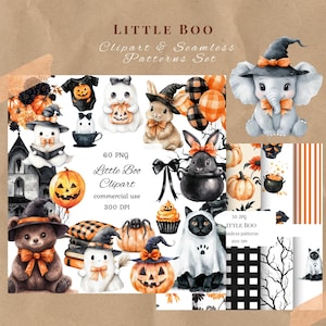 May include: A collection of Halloween-themed digital clip art and seamless patterns. The image features watercolor illustrations of ghosts, pumpkins, animals in costumes, and the text "LITTLE BOO Clipart & Seamless Patterns Set".