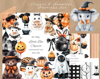 Watercolor cute halloween set, little boo is almost due clipart png bundle, ghost baby shower, black cat, pumpkin, repeating pattern