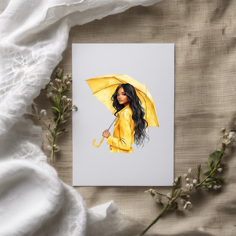May include: A woman in a yellow raincoat holds a yellow umbrella. She has long black hair and is looking to the side.