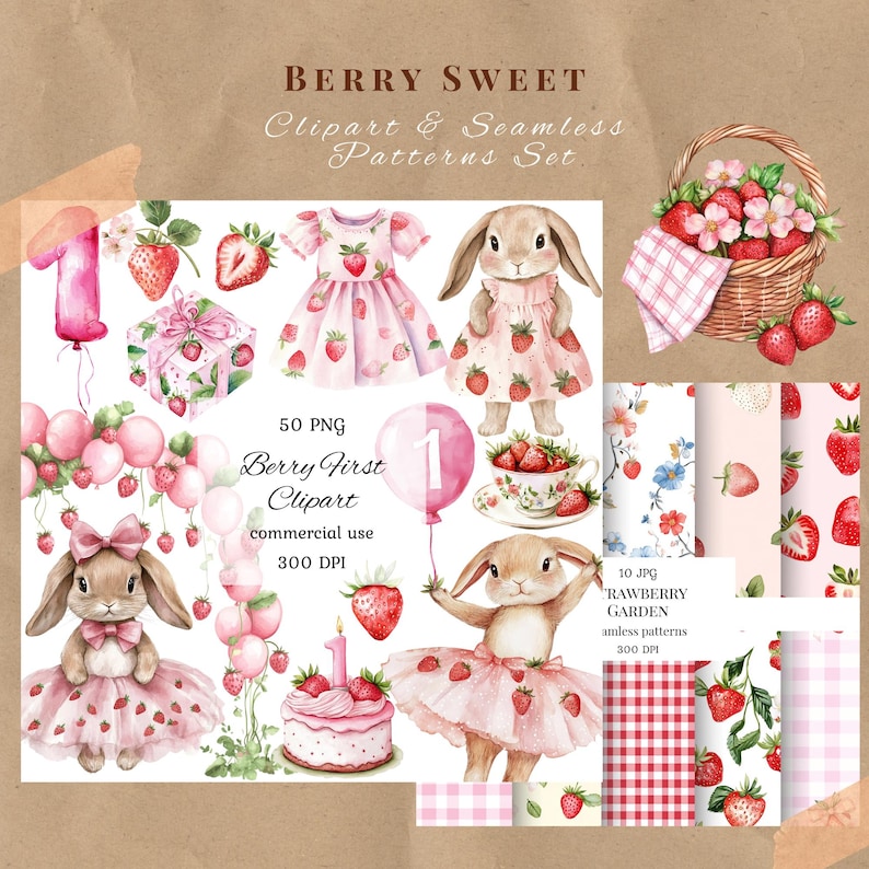 Peut inclure: Ensemble d'art num&eacute;rique "Berry Sweet" avec des illustrations &agrave; l'aquarelle de fraises, de lapins, de robes, de ballons et de motifs. L'ensemble comprend 50 fichiers PNG, parfaits pour un usage commercial. Le texte "Berry First Clipart" et "Strawberry Garden" est &eacute;galement inclus.