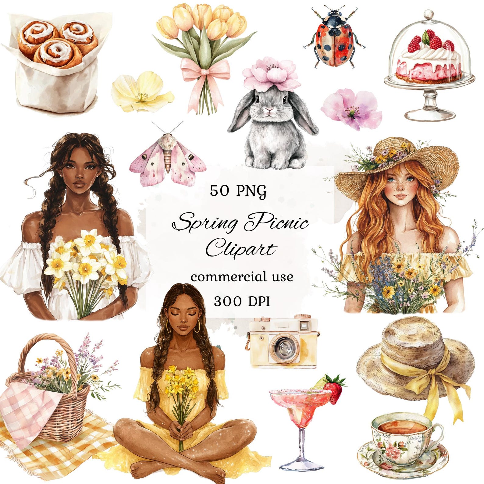 Spring Picnic Graphics Watercolor Spring Picnic Clipart Png Bundle, Picnic Basket Clipart ...