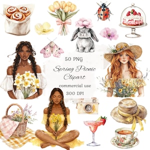 Watercolor spring picnic clipart png bundle, picnic basket clipart, picnic food clipart, spring girl clipart, watercolor picnic scrapbooking