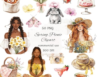 Watercolor spring picnic clipart png bundle, picnic basket clipart, picnic food clipart, spring girl clipart, watercolor picnic scrapbooking