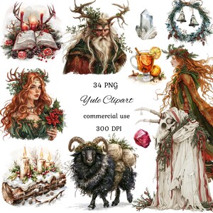 Yule watercolor clipart png bundle, celtic neopagan wican clipart, witchcraft, witch clipart, yule witch, commercial use, scrapbooking